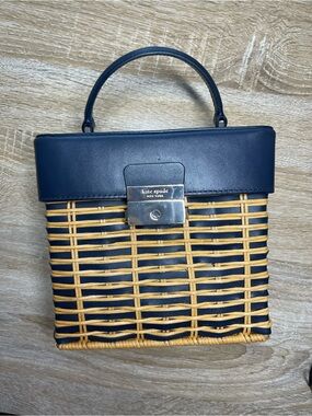 kate spade  Royal Blue leather and Tan Wicker Box Crossbody Bag